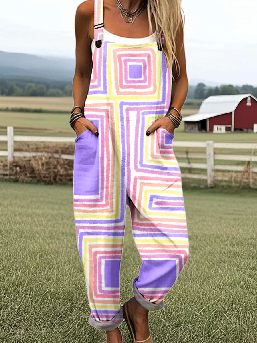 Women's Vintage Color Block Line Art Print Casual 100% Cotton Wide Leg Jumpsuit