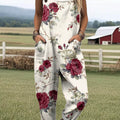Women's Floral Art Print Casual 100% Cotton Wide Leg Jumpsuit