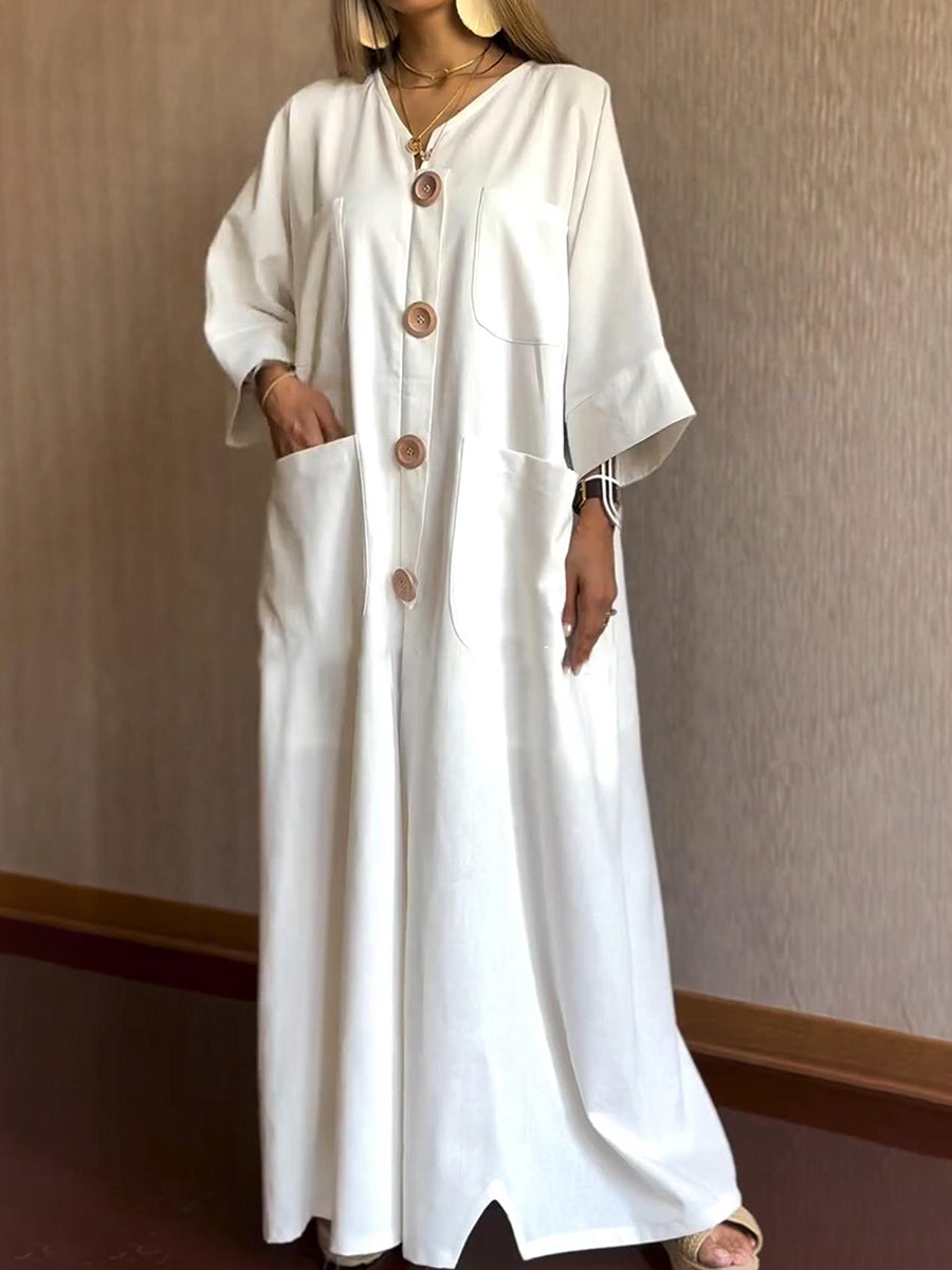 Loose Pocket Button Cotton and Linen Dress