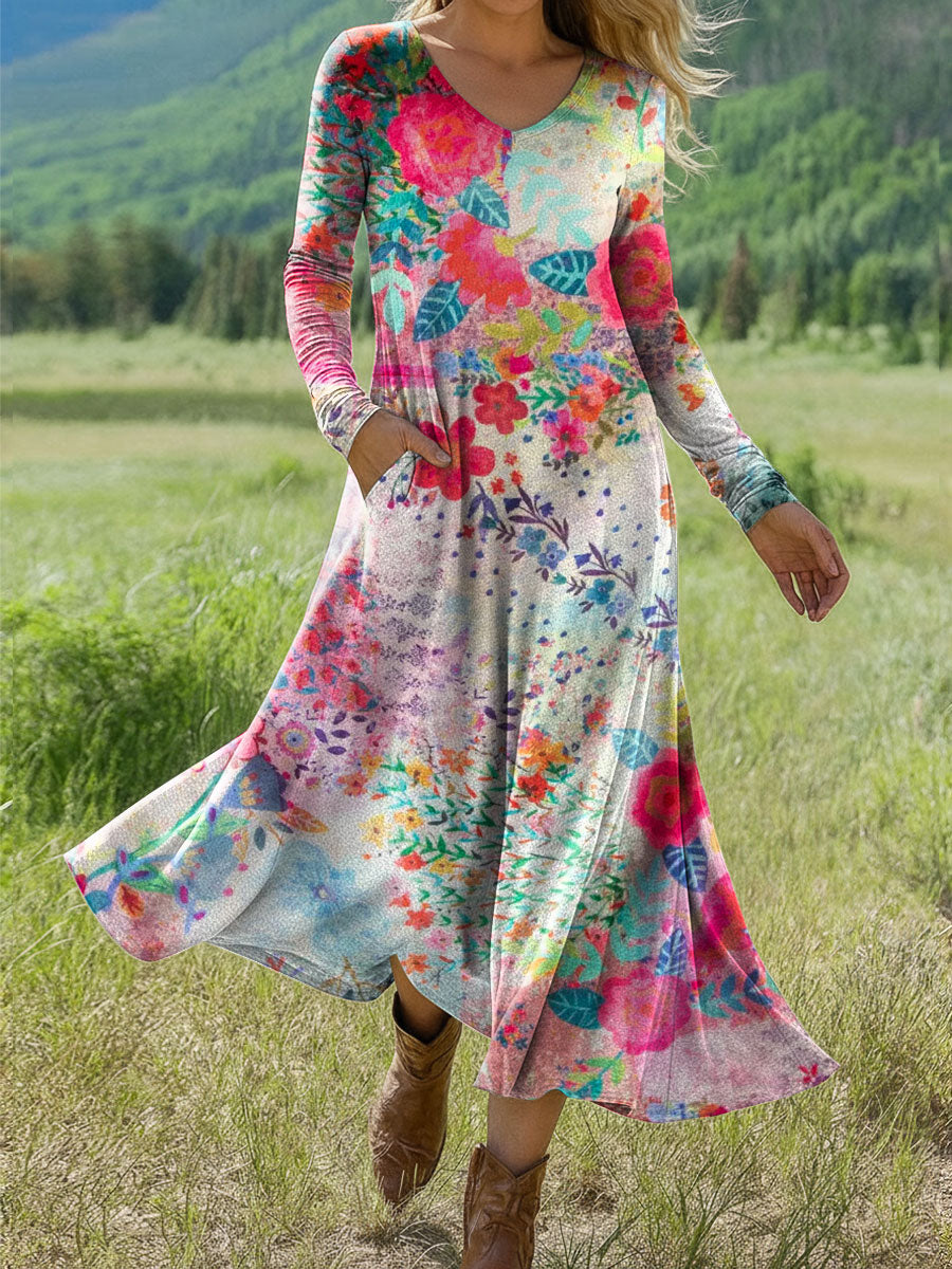 Women's Boho Floral Print Art Print Long-sleeved Dress