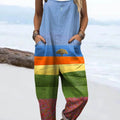 Women's Lone Tree in Color Art Print Casual 100% Cotton Wide Leg Jumpsuit
