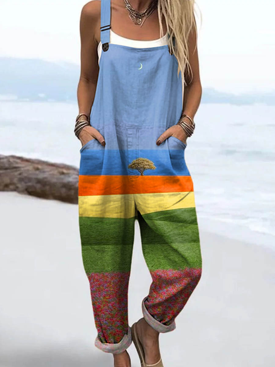 Women's Lone Tree in Color Art Print Casual 100% Cotton Wide Leg Jumpsuit
