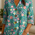 Women's Floral Flowers Pattern Print Casual Cotton And Linen Shirt