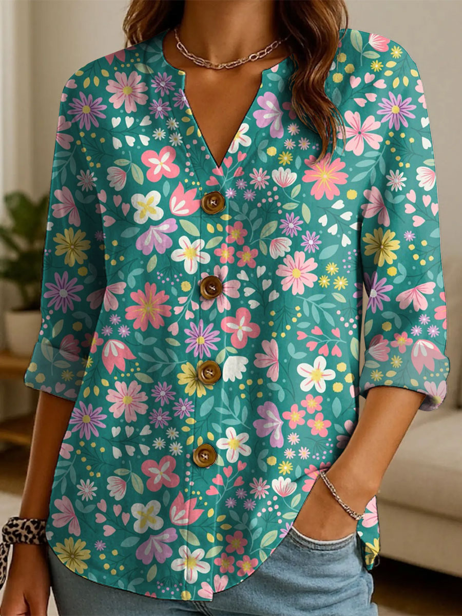 Women's Floral Flowers Pattern Print Casual Cotton And Linen Shirt