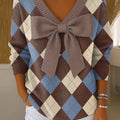 Women's Plaid Print Bowknot V-Neck Long Sleeve Casual Pullover Sweater