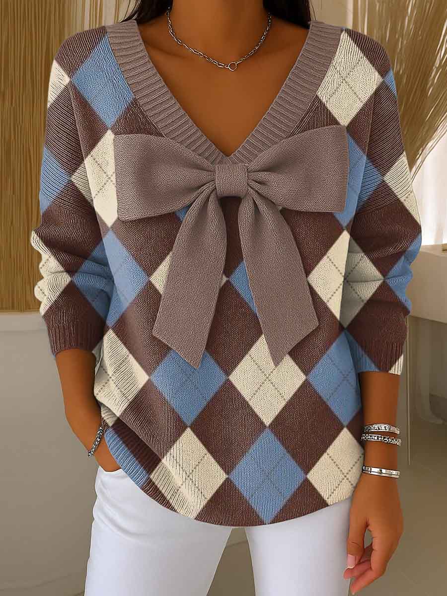 Women's Plaid Print Bowknot V-Neck Long Sleeve Casual Pullover Sweater