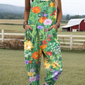 Women's Beautiful Colorful Flower Painting Art Print Casual 100% Cotton Wide Leg Jumpsuit