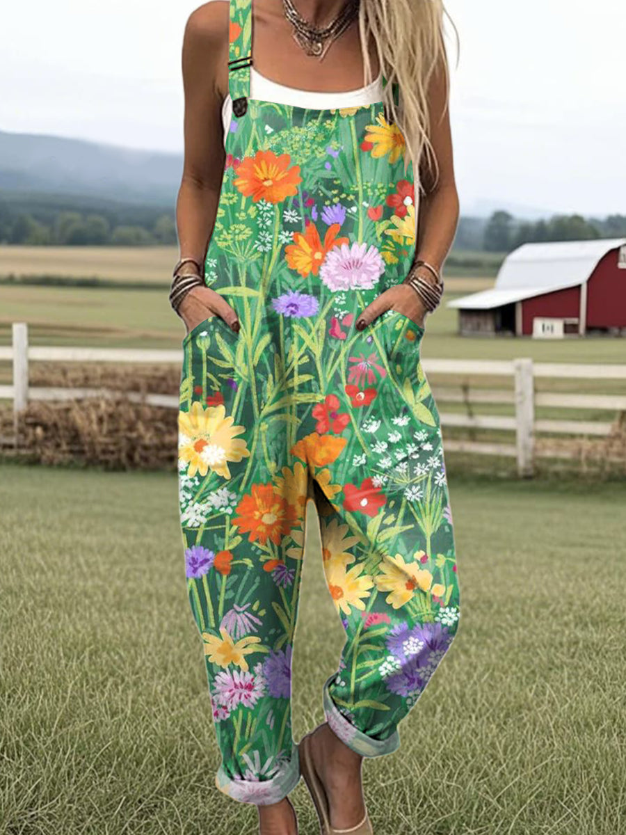 Women's Beautiful Colorful Flower Painting Art Print Casual 100% Cotton Wide Leg Jumpsuit