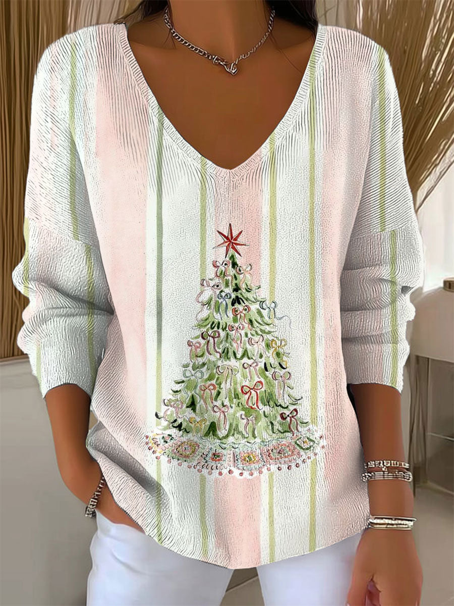 Women's  Vintage  Christmas Art Print Casual Pullover Sweater
