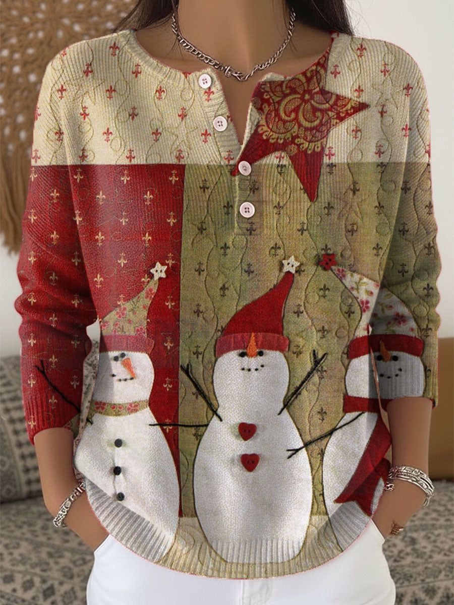 Women's Christmas Snowman Pattern Art Print Buttoned Cardigan Sweater