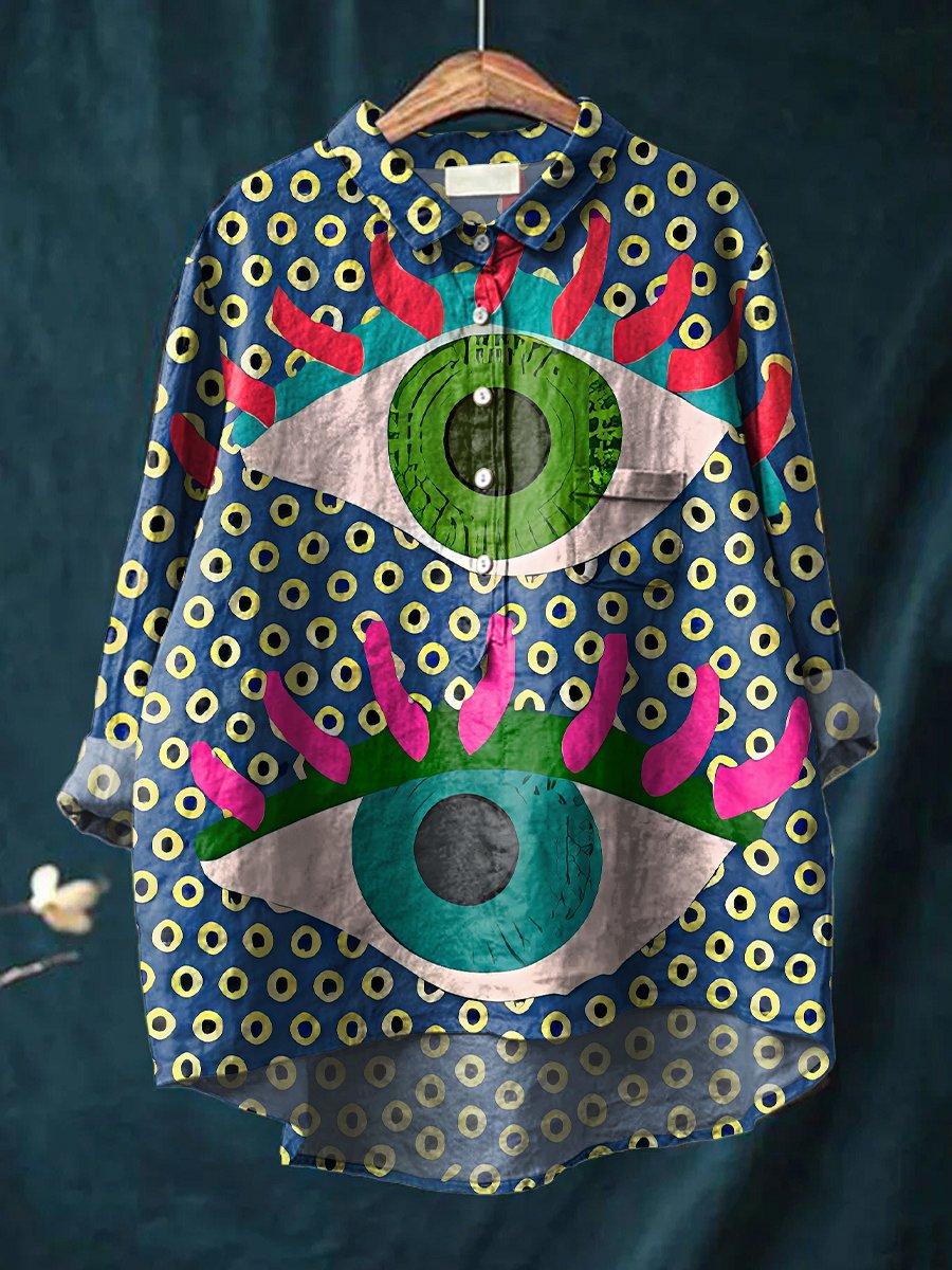 Women's Polka Dot Eyes Art Print Casual Cotton And Linen Shirt
