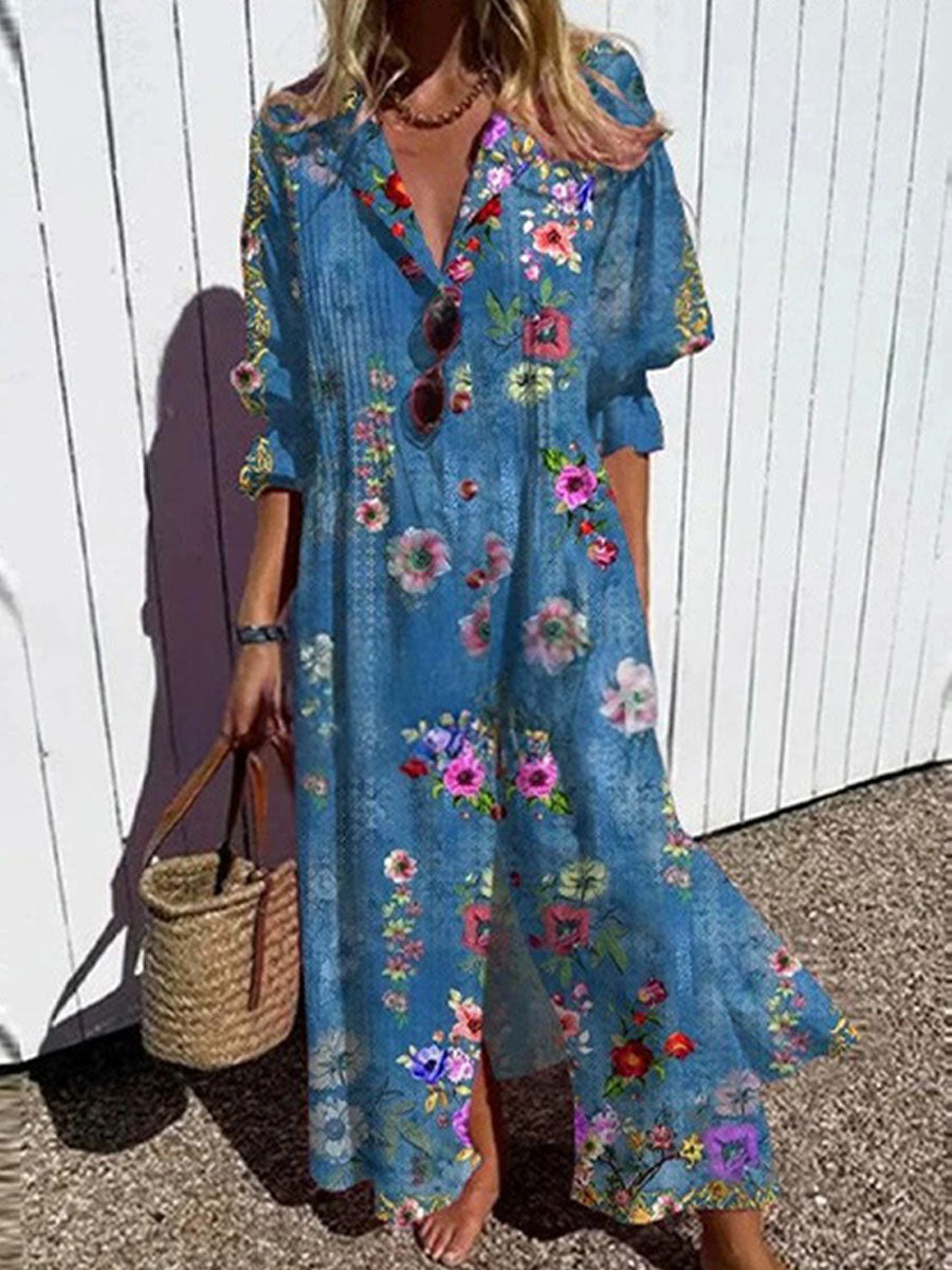 Women's Floral Art Print Pleated Casual Dress