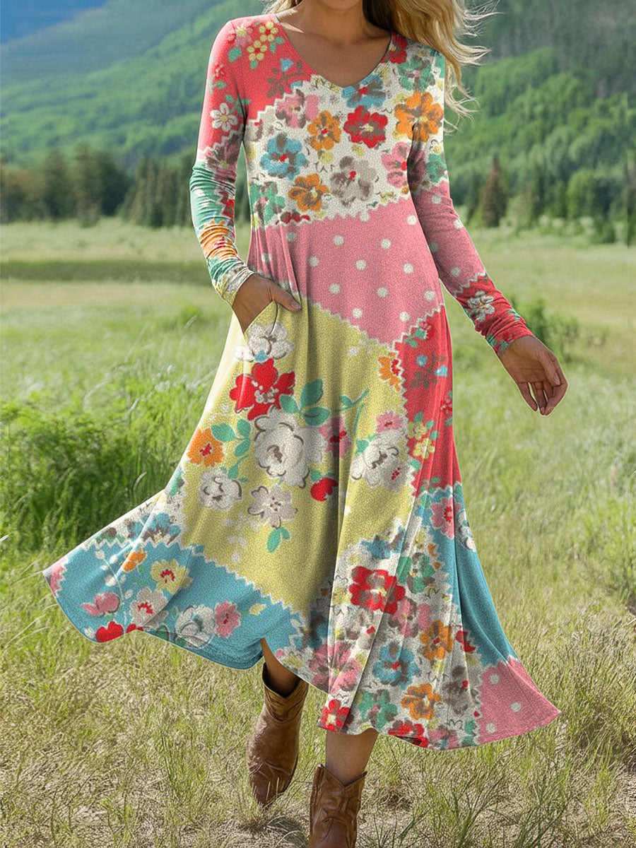 Women's Splicing Floral Print Art Print Long-sleeved Dress