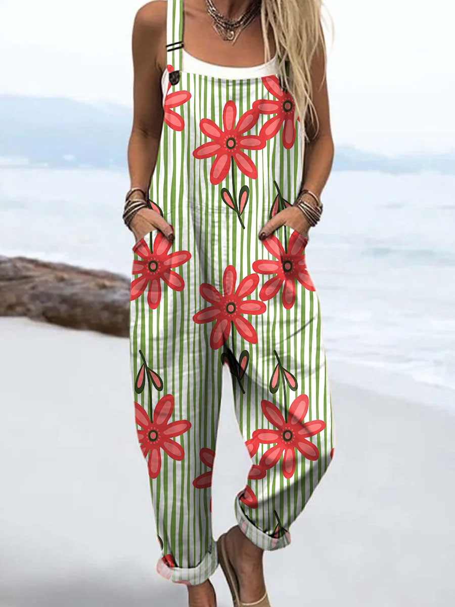 Women's Abstract Cute Flower Art Print Casual 100% Cotton Wide Leg Jumpsuit