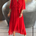 Women's Solid Color V-Neck Batwing Sleeve Casual Tie-up Ruffled Flowing Chiffon Dress