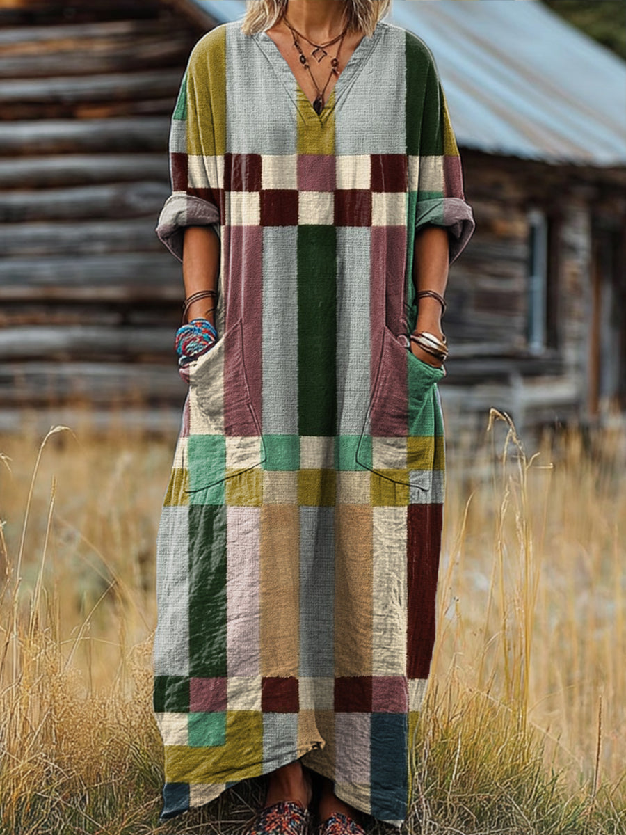 Women's Vintage Multicolor Plaid Painting Art Print Pocket V-neck Cotton Dress