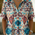 Colorful Ikat-print Short-sleeve Collared Shirt With Half-button Placket