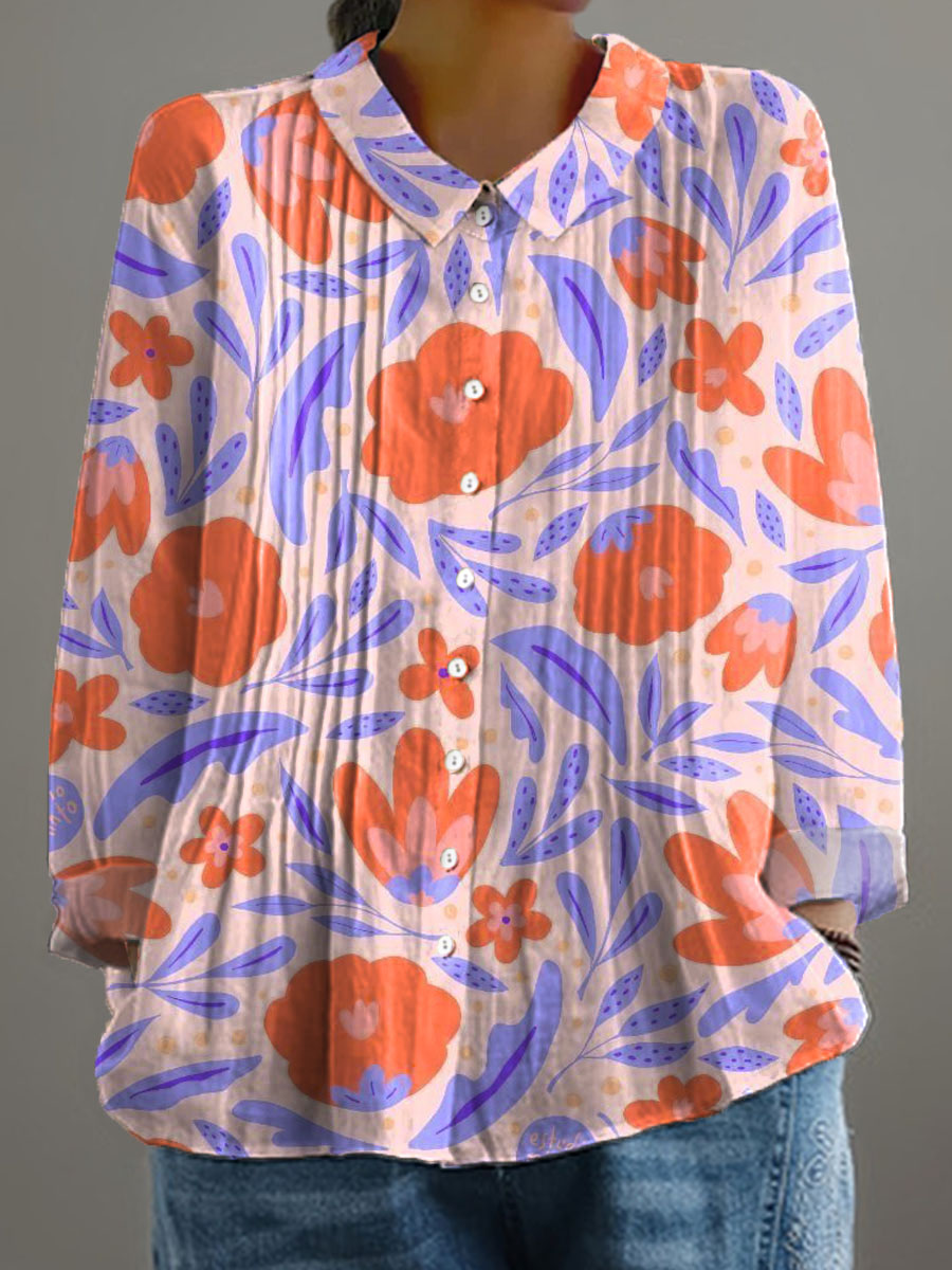 Women's Vintage Floral Art Print Casual Cotton And Linen Ruffle Shirt