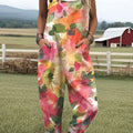 Women's Vintage Flower  Art Print Casual 100% Cotton Wide Leg Jumpsuit