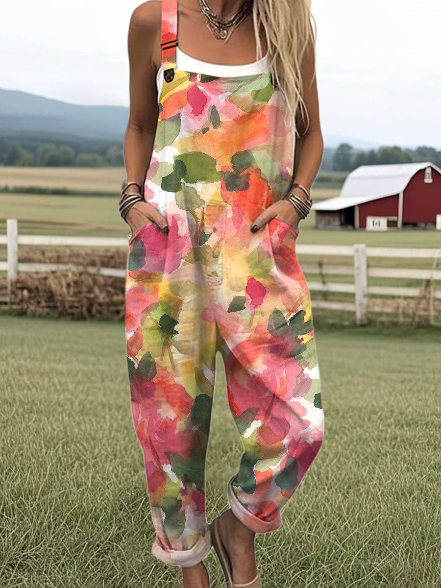 Women's Vintage Flower  Art Print Casual 100% Cotton Wide Leg Jumpsuit
