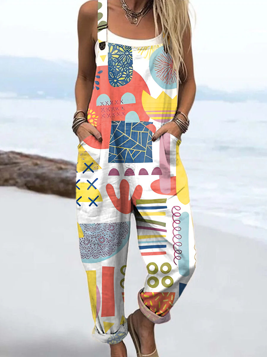 Women's Colourful Art Geometric Patterns Print Casual 100% Cotton Wide Leg Jumpsuit
