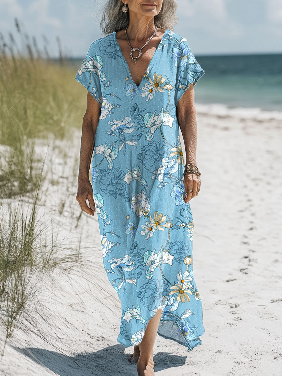 Women's Vintage Floral Art Print Pocket Cotton Dress