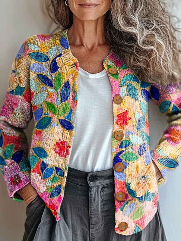 womens-vintage-oil-painting-art-flowers-print-buttoned-cardigan-sweater
