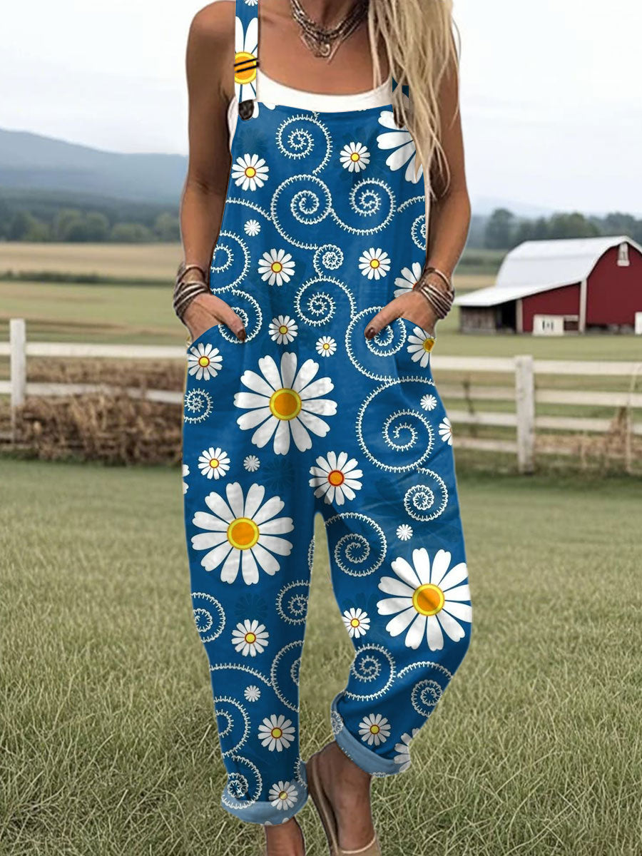 Women's Vintage Floral  Art Print Casual 100% Cotton Wide Leg Jumpsuit