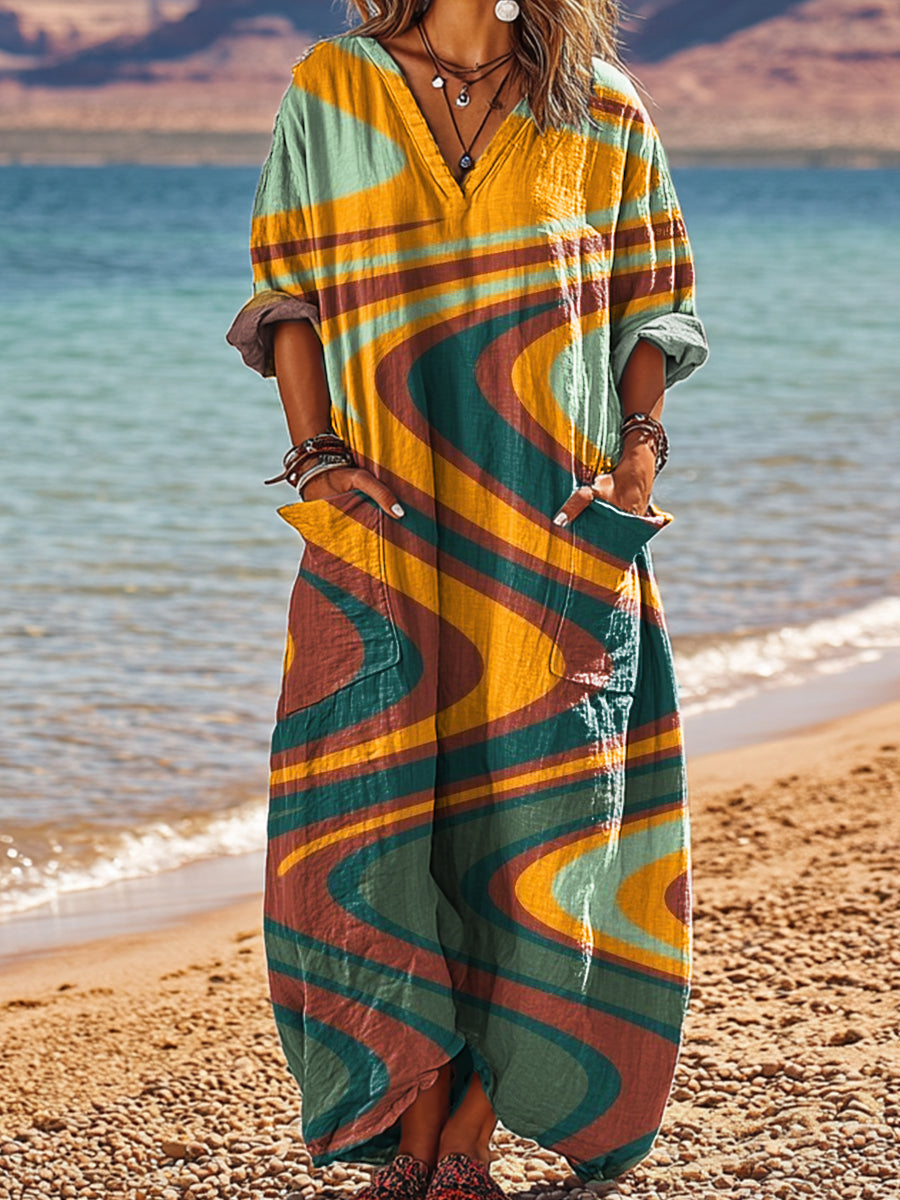 Women's Vintage Abstract Stripe Painting Art Print Pocket V-neck Cotton Dress