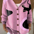 Women's Random Pink Blocks Printed Casual Hooded Button Sweater