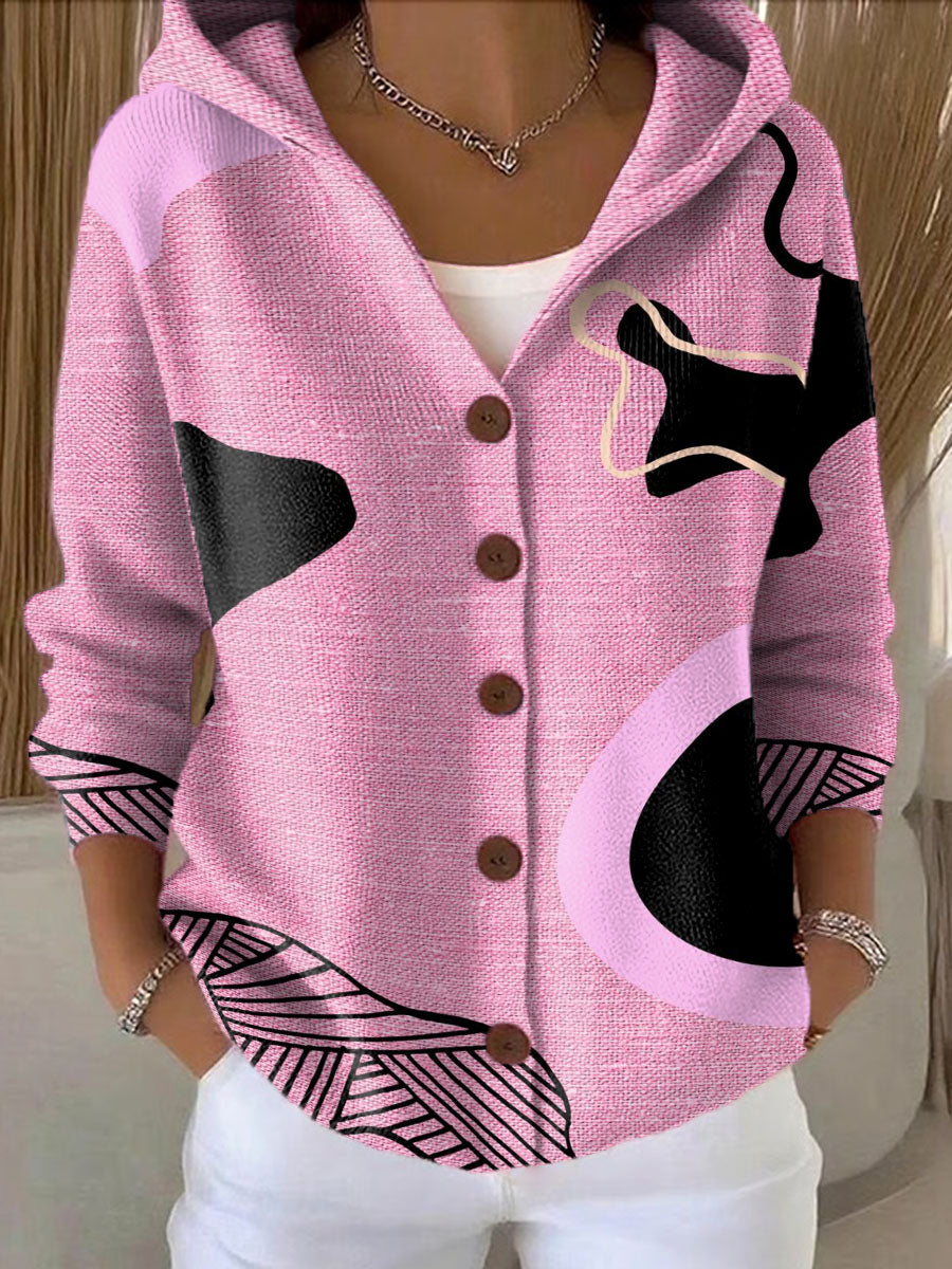 Women's Random Pink Blocks Printed Casual Hooded Button Sweater