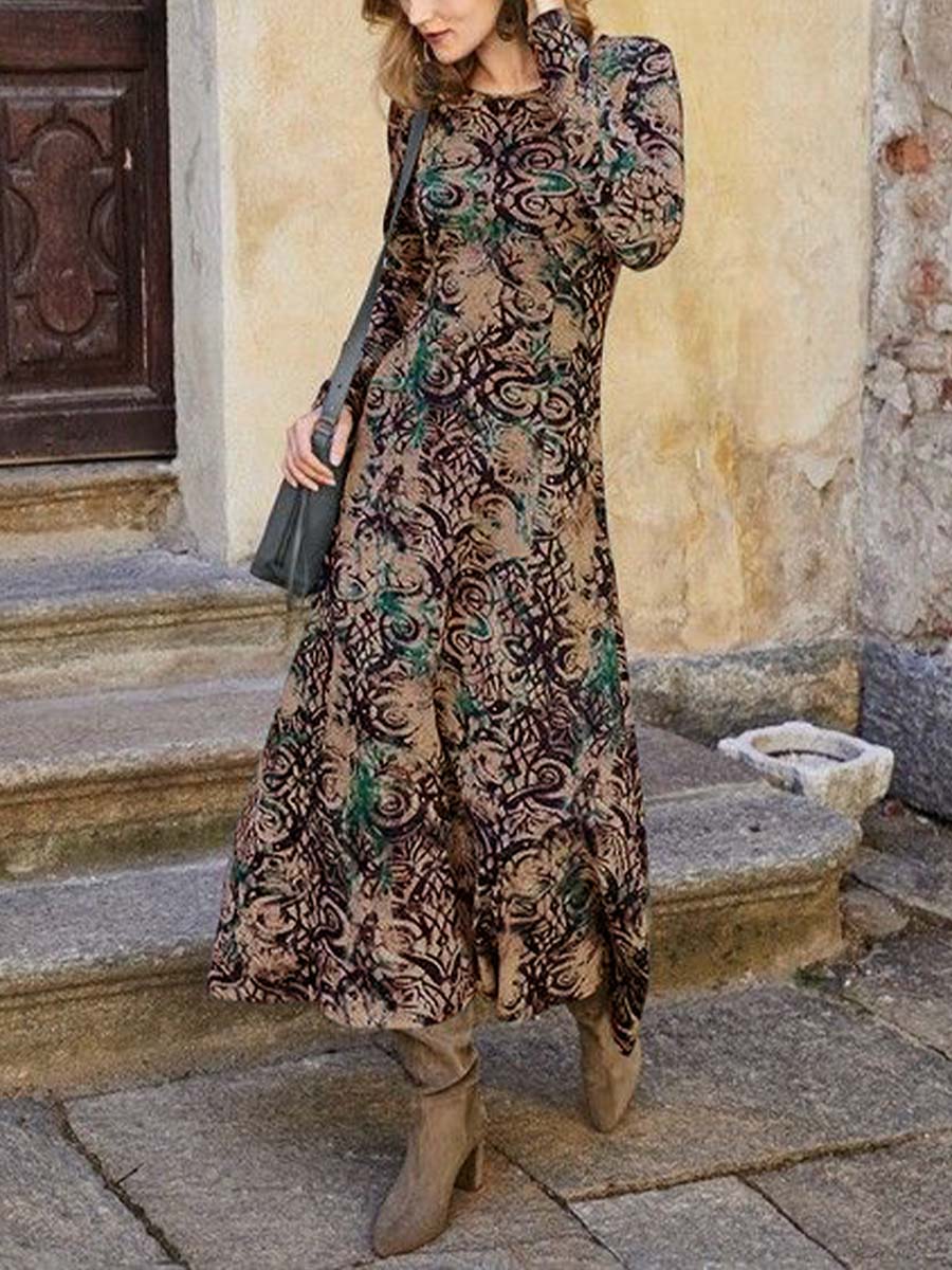 Women's Round Neck Abstract Print Long Sleeve Casual Loose Cotton A-Line Dress