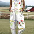Women's  Vintage Flowers Art Print Casual 100% Cotton Wide Leg Jumpsuit