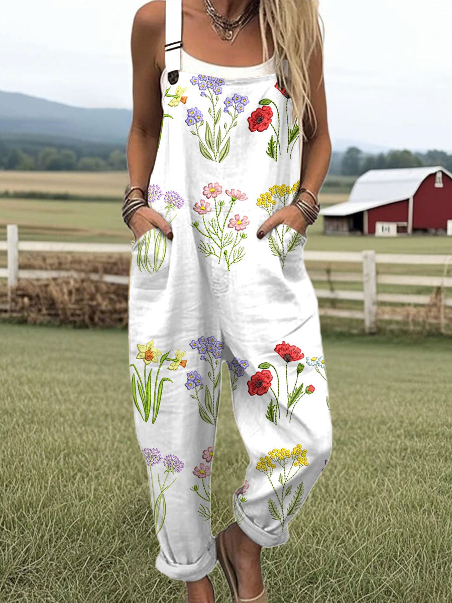 Women's  Vintage Flowers Art Print Casual 100% Cotton Wide Leg Jumpsuit