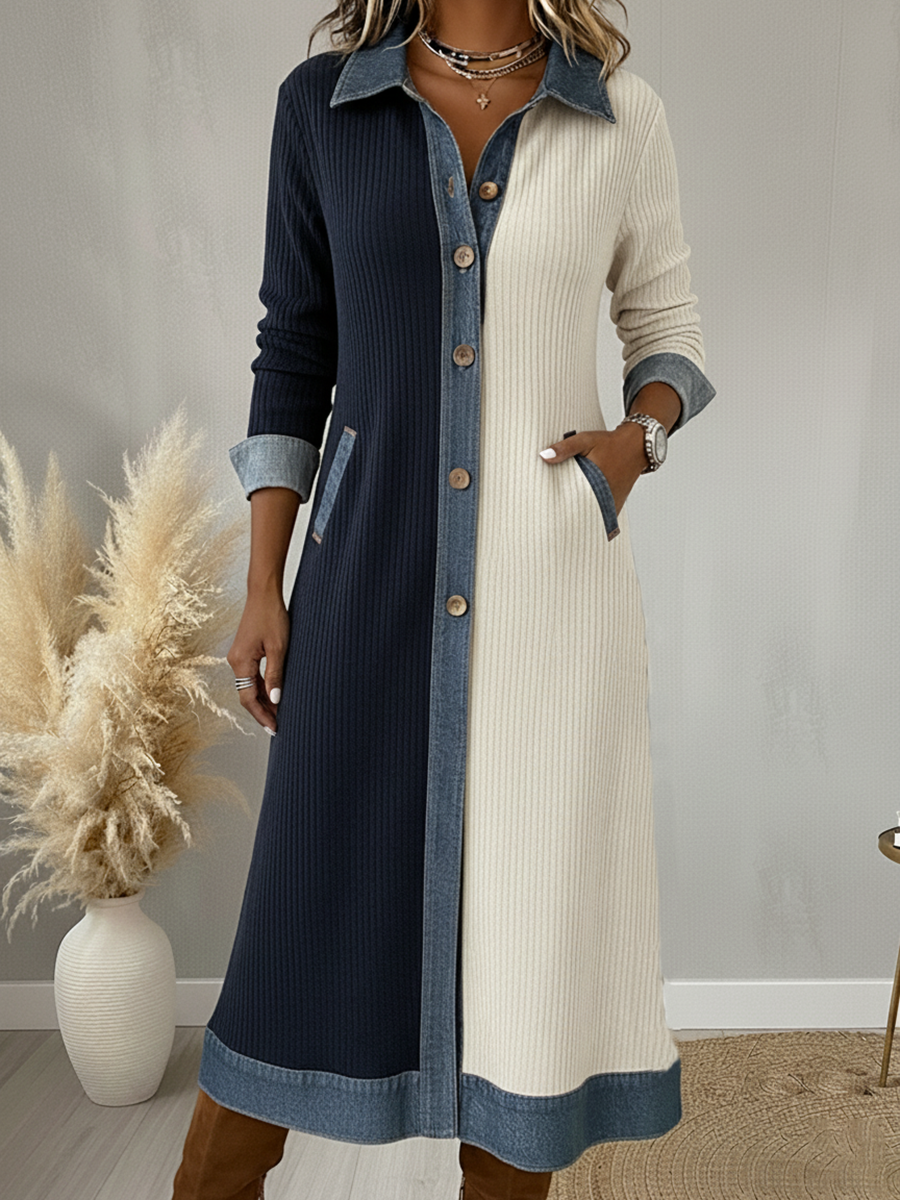 Denim Patchwork Contrast Lapel Button Midi Dress