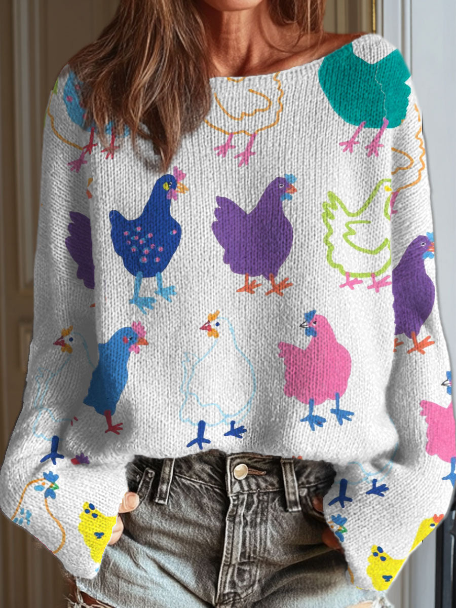 womens-funny-chicken-art-print-casual-pullover-sweater-3hdk