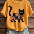 Women's Halloween Black Cat Embroidered Cozy Knit Top