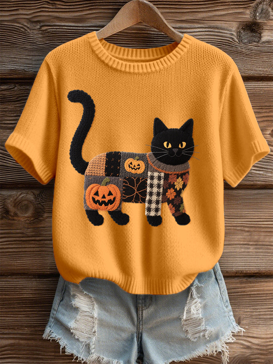 Women's Halloween Black Cat Embroidered Cozy Knit Top