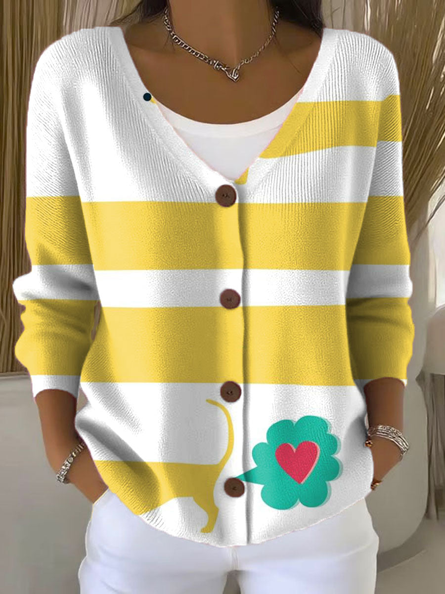 vintage-dachshund-art-print-buttoned-v-neck-cardigan-sweater