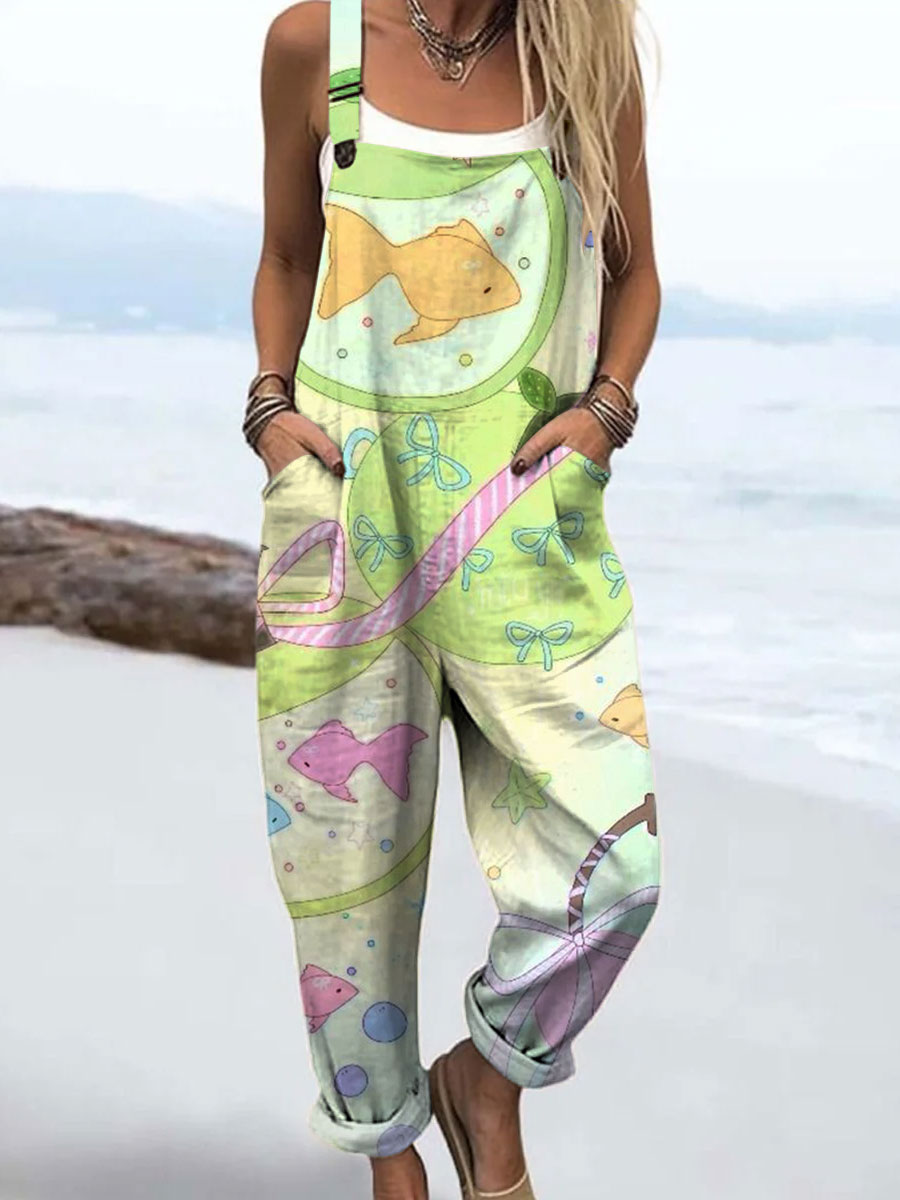 Women's Cartoon Fish Art Print Casual 100% Cotton Wide Leg Jumpsuit
