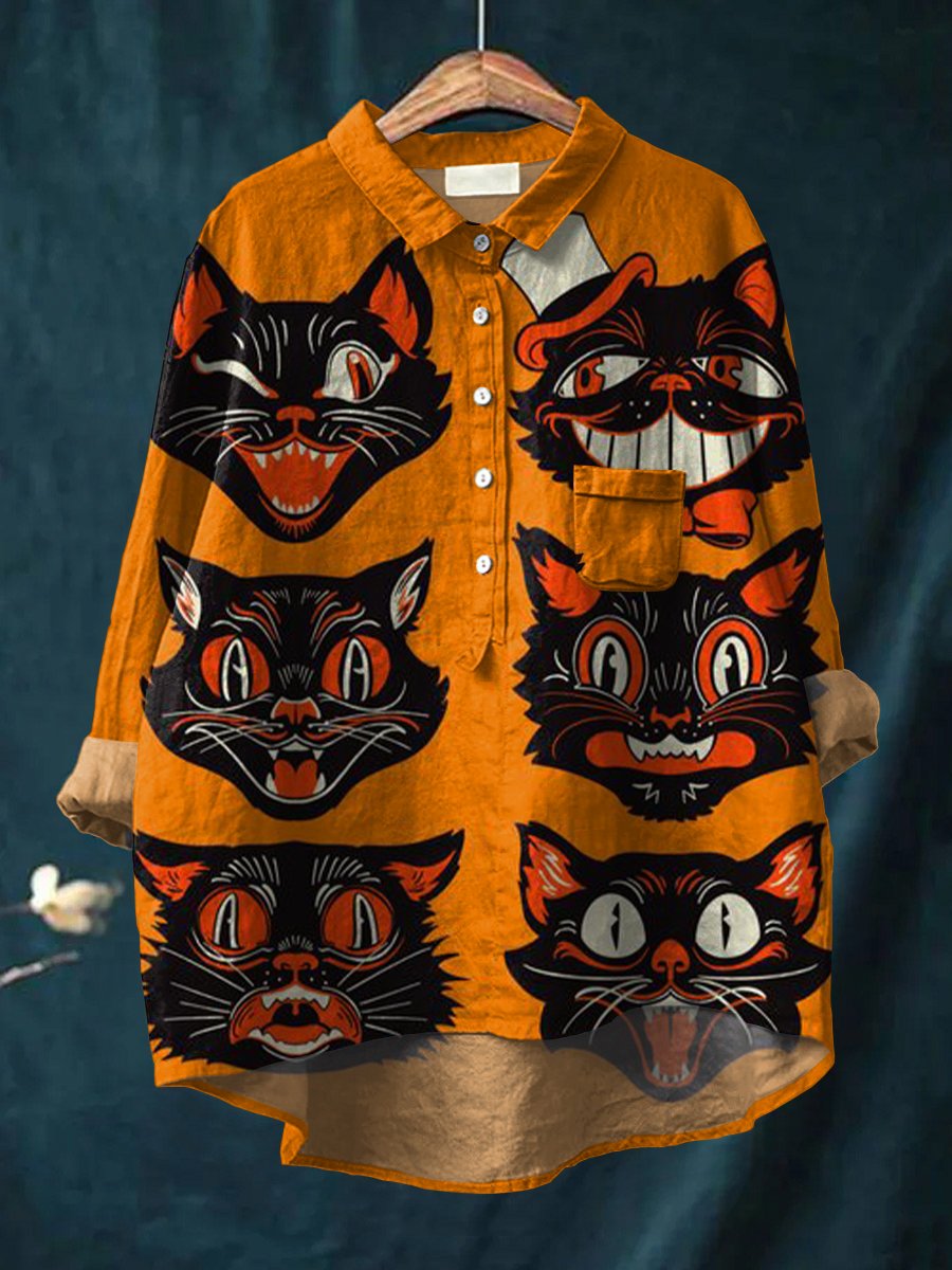 Women's Cat Print Casual Cotton And Linen Shirt