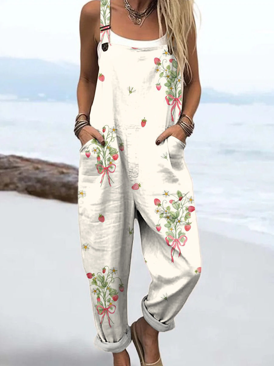 Women's Artistic Creative Strawberry Print Casual 100% Cotton Wide Leg Jumpsuit