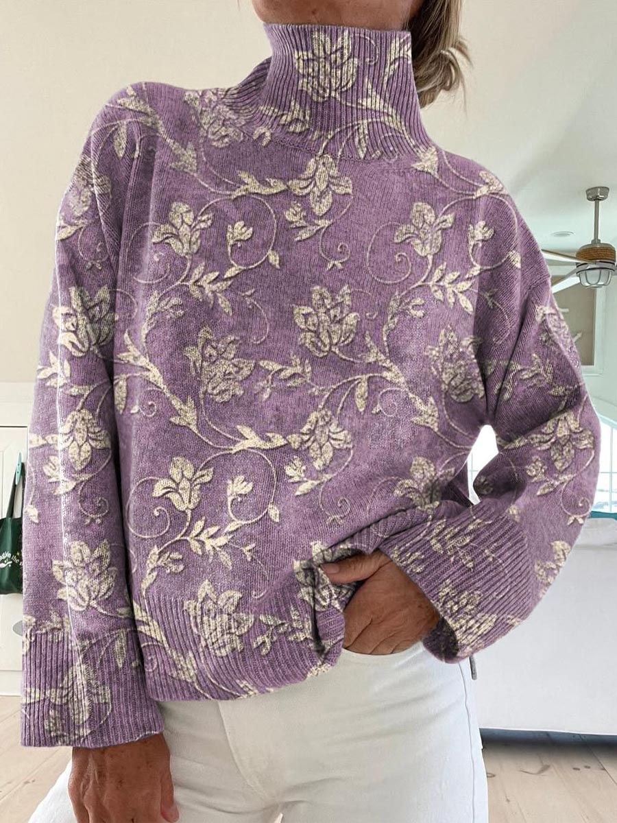 Women's Vintage Lovely Floral Pattern Art Print Knit Turtleneck Pullover Sweater