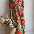 Women's Vintage Floral Art Print Cotton And Linen Pocket Dress