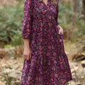 Women's Retro Floral Print V-Neck Long Sleeve Pocket Casual Loose Linen Dress