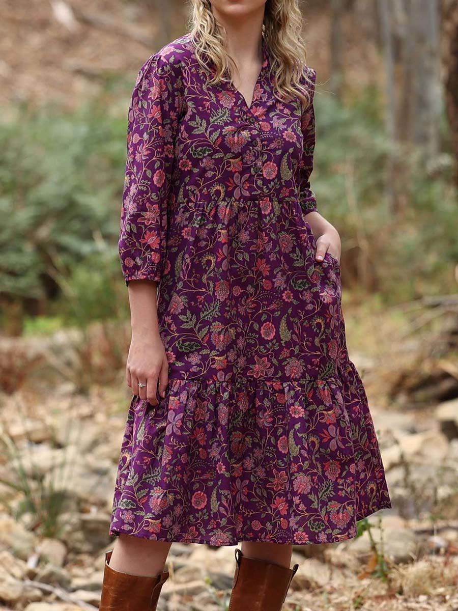 Women's Retro Floral Print V-Neck Long Sleeve Pocket Casual Loose Linen Dress