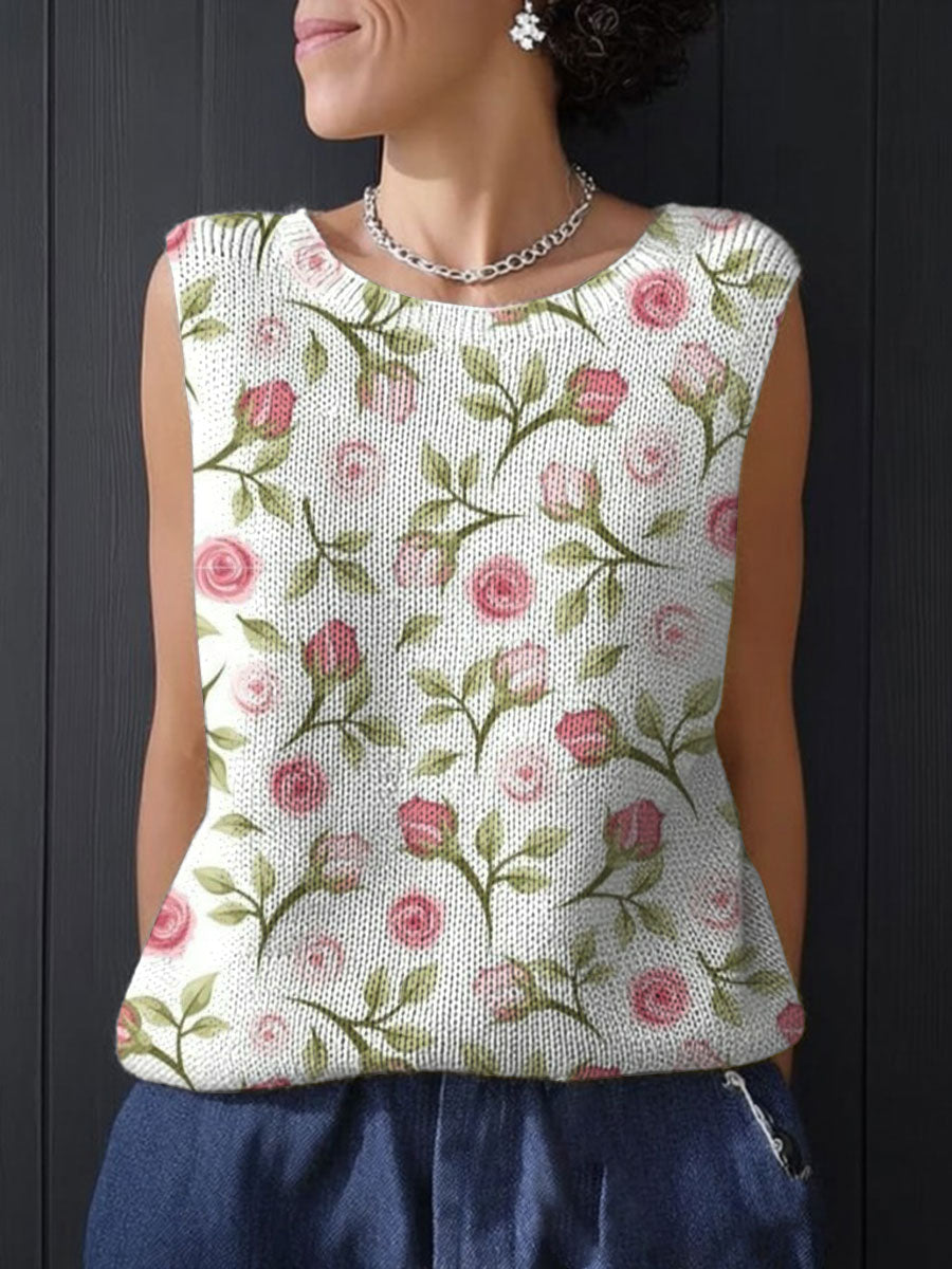 Women's Vintage Flower Art Print Casual  Sleeveless Knitting Top