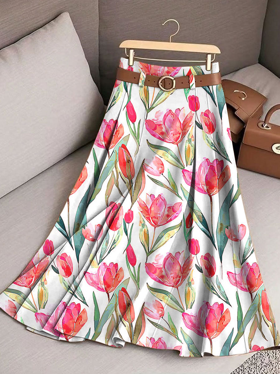 Women's Vintage Flower Art Print Cotton Skirt