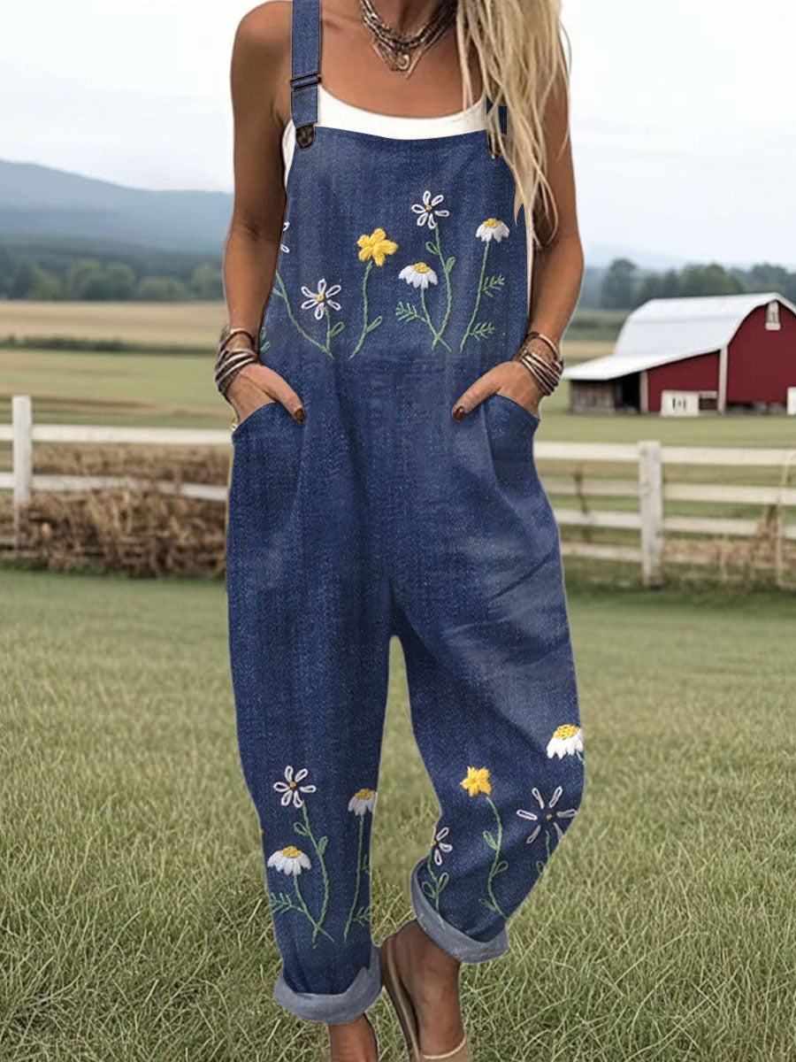 Women's  Floral  Art Print Casual 100% Cotton Wide Leg Jumpsuit