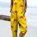 Women's Vintage Mushroom Art Print Casual 100% Cotton Wide Leg Jumpsuit